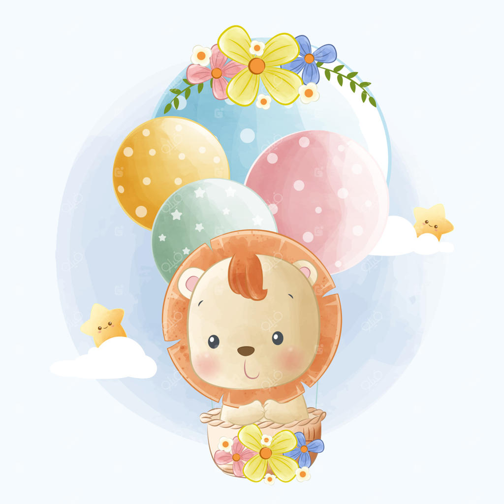 تصویرسازی کارتونی شیر کوچولو در حال پرواز با بادکنک