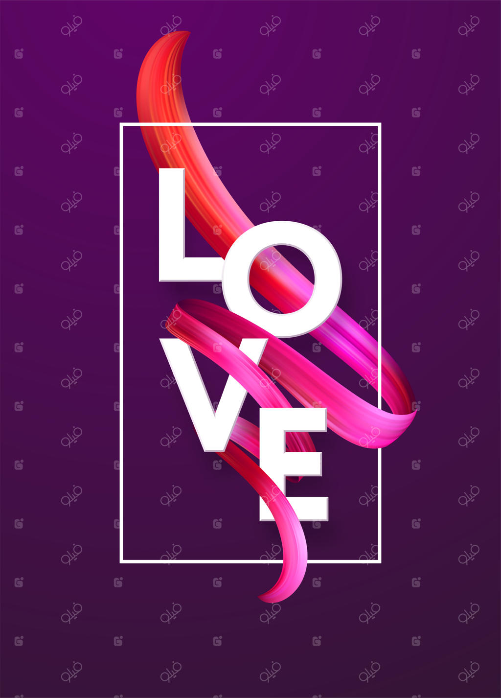 حروف کاغذی کلمه عشق بر روی زمینه روبان قرمز. پس‌زمینه با جریان‌های رنگی. مفهوم روز ولنتاین