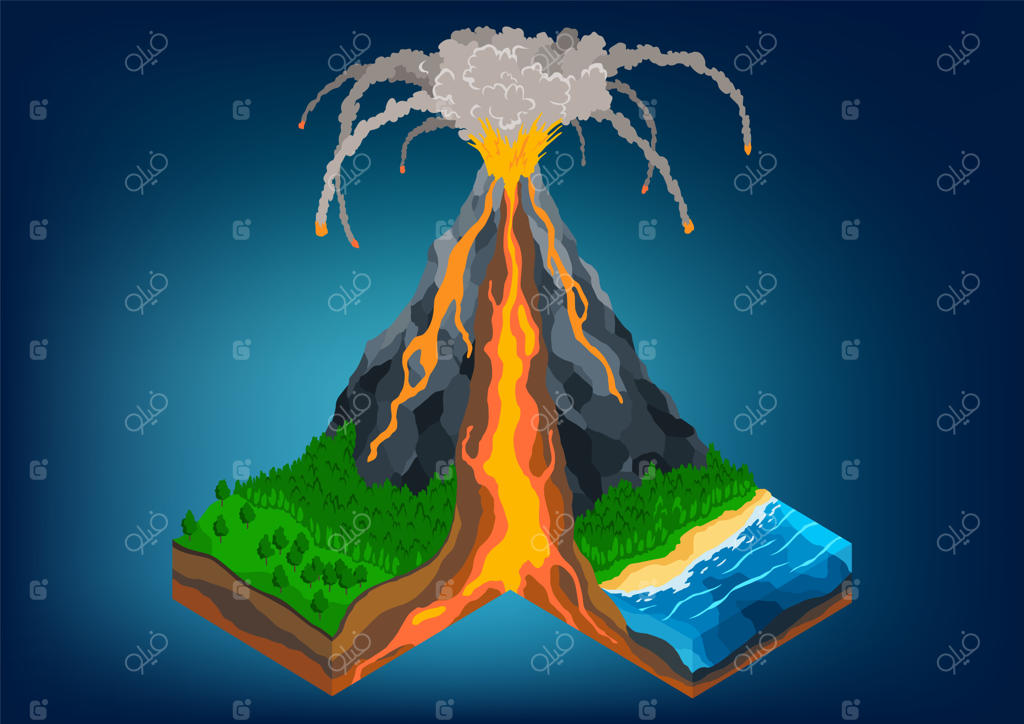 ایزومتریک ولکان در مقطع - ساختار اینفوگرافیکی شامل اتاق ماگما، گازها، دهانه مخروطی، منفذ و دهانه، بمب ماگما، مقطع پوسته زمین و خاکستر