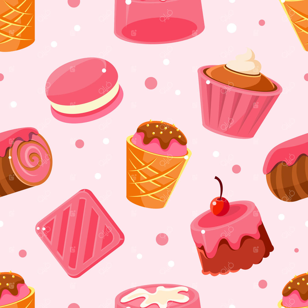 پترن یکپارچه دسرهای خوشمزه، زمینه فروشگاه شیرینی، کافه، قنادی، طراحی برای پارچه، بسته‌بندی، کاغذ دیواری و کاغذ کادو