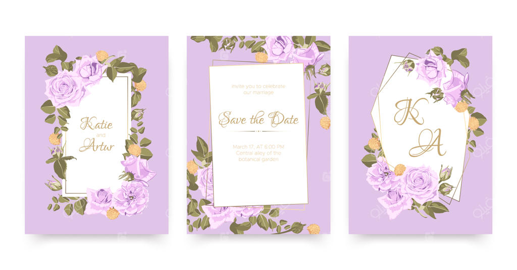 کارت عروسی شیک با قاب گل رز و برگ‌ها