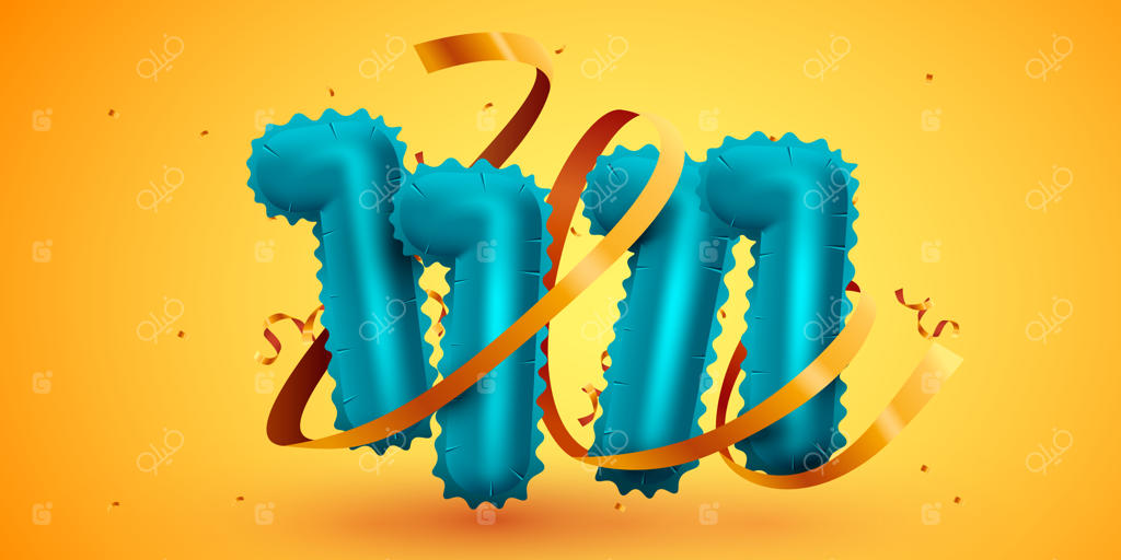 حراج روز جهانی خرید ۱۱/۱۱ - بنر فروش ویژه با بادکنک‌های عددی و کاغذپاش طلایی