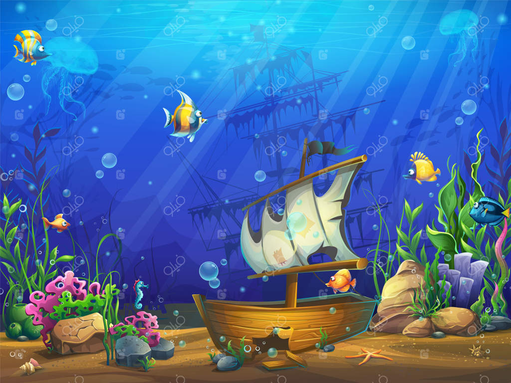 تصویر افقی زیر آب اقیانوس با یک کشتی غرق‌شده