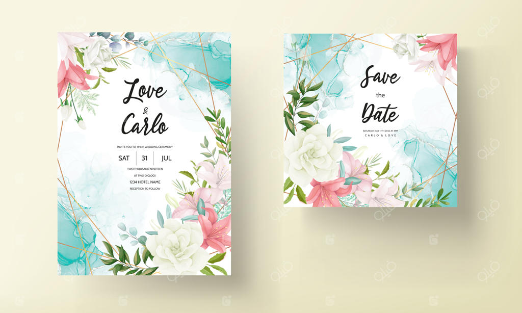 کارت دعوت عروسی شیک با طراحی دستی زیبای گل و برگ