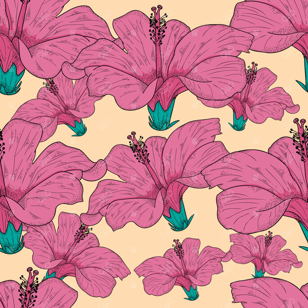 طرح گل ختمی با نقاشی دستی وکتور به صورت پترن یکپارچه