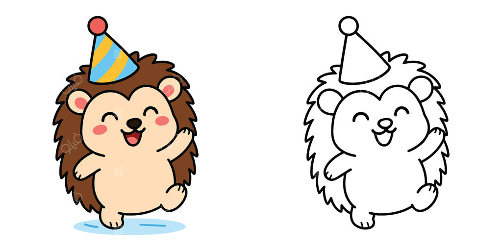 کتاب رنگ‌آمیزی کودکان: کارتون یک جوجه‌ تیغی کوچک با کلاه جشن - تصویر خطی