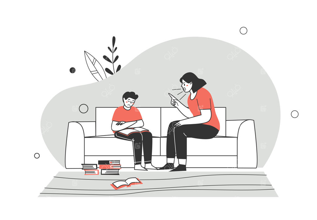 آموزش در خانه یا تحصیل در منزل؛ مادری در حال سرزنش فرزندش برای درس‌ها. دشواری‌های آموزش خانگی. تصویرسازی وکتور کاراکتر به سبک فلت