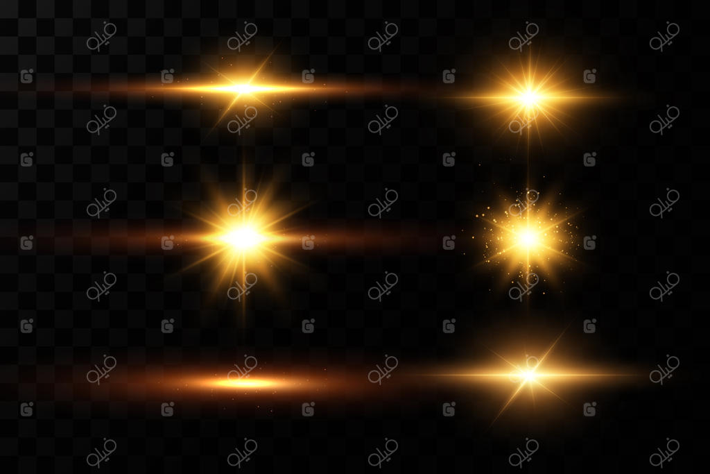 ستاره‌های طلایی، افکت نورانی، چراغ‌های درخشان، خورشید.