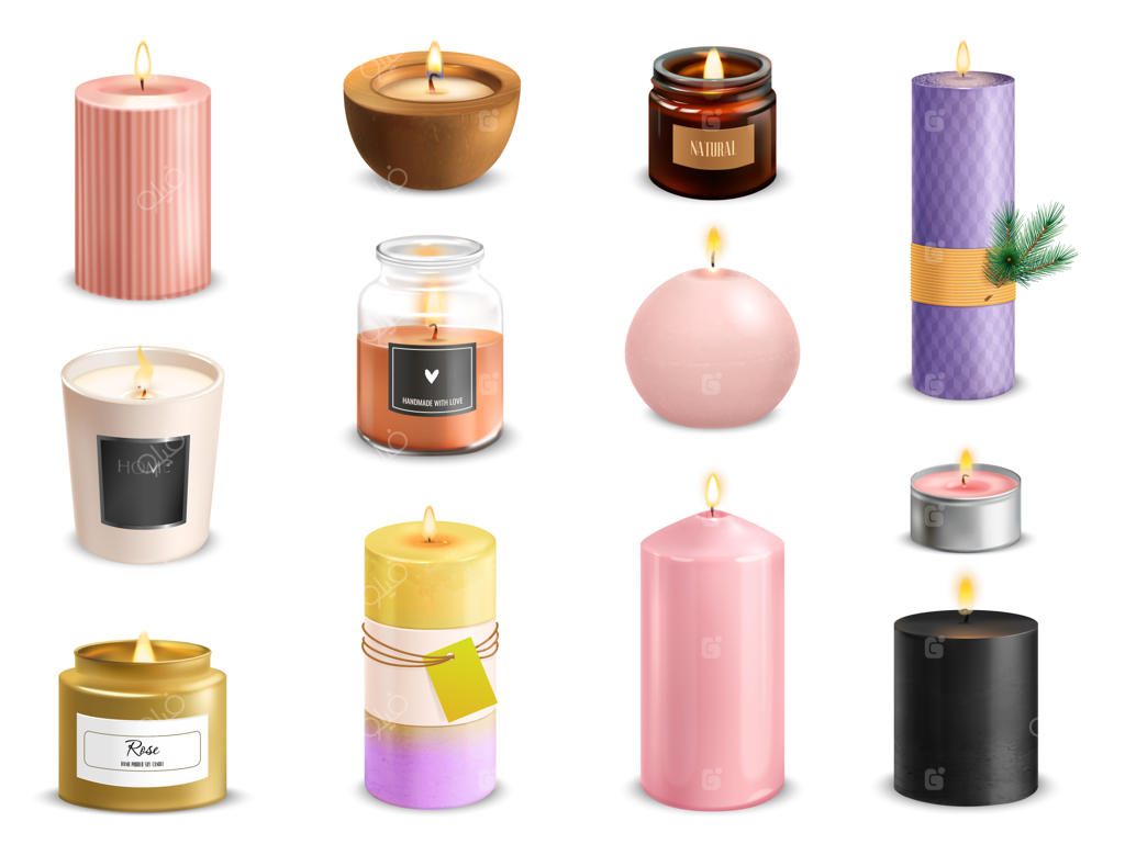 وکتور مجموعه ۱۲ شمع معطر و روشن واقع‌گرایانه با طرح‌های متنوع در پس‌زمینه سفید