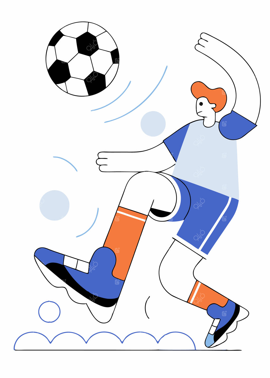 تصویرسازی فوتبالیست جوان در حال شوت کردن توپ با پس‌زمینه سفید