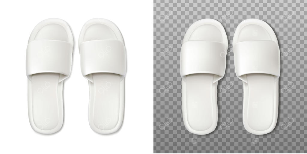 آیکون وکتور واقع‌گرایانه دمپایی سفید بر روی پس‌زمینه سفید و شفاف، نمای بالا از سالن اسپا و...