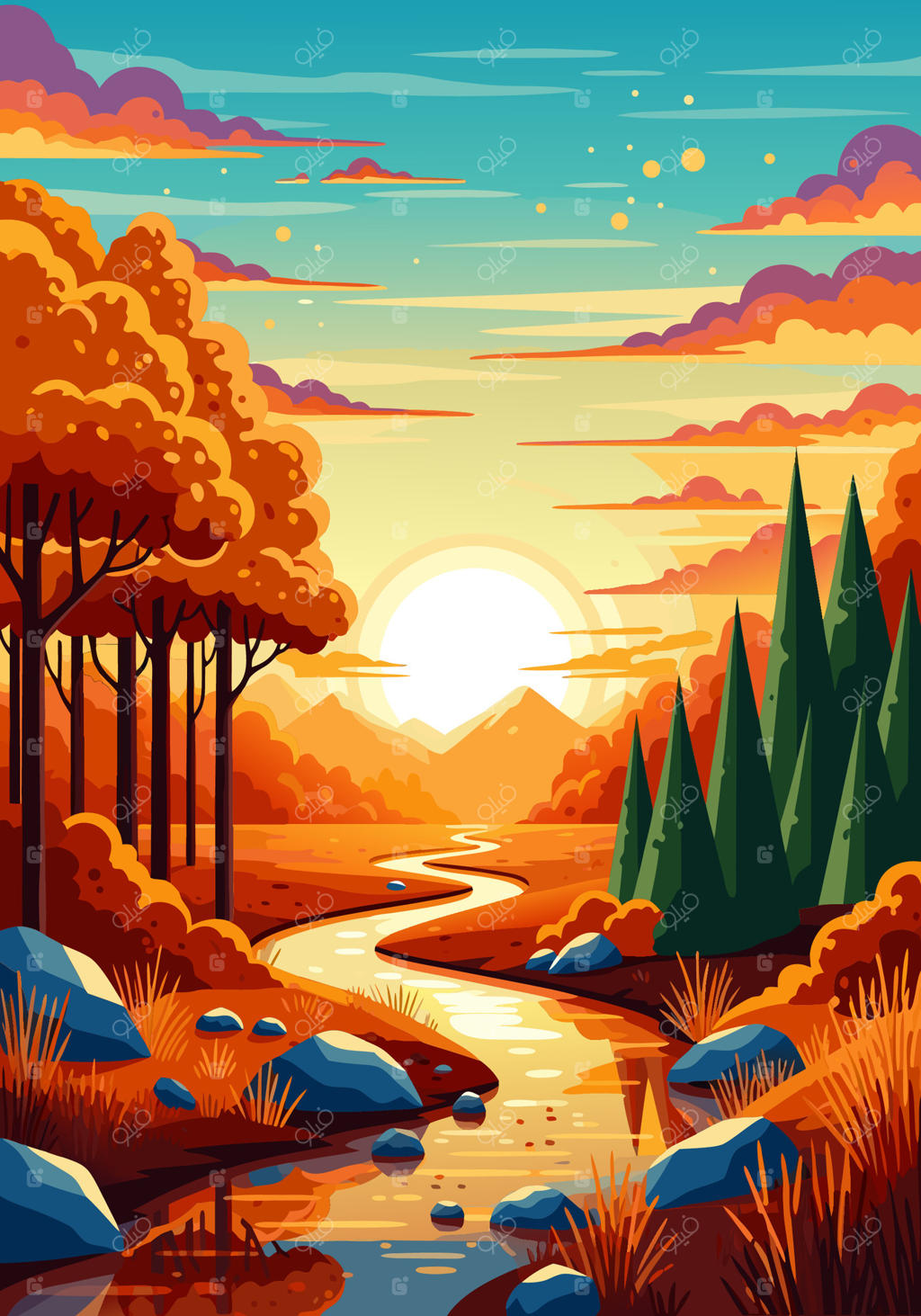 آرامش پاییزی چشم‌نواز؛ نقاشی دیجیتال از رودخانه‌ای جاری در منظره‌ای پاییزی با درختان و رنگ‌های گرم