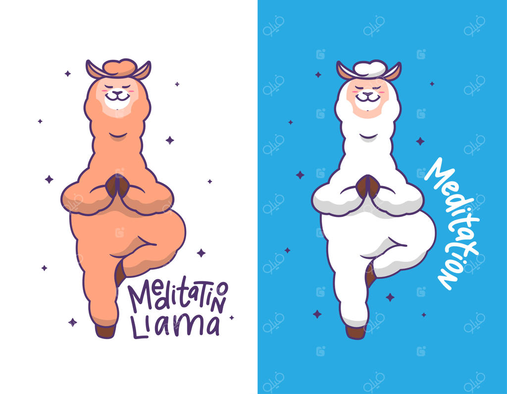 لاماها و آلپاکاها در حال مراقبه هستند. حیوانات کارتونی در وضعیت درخت هستند.