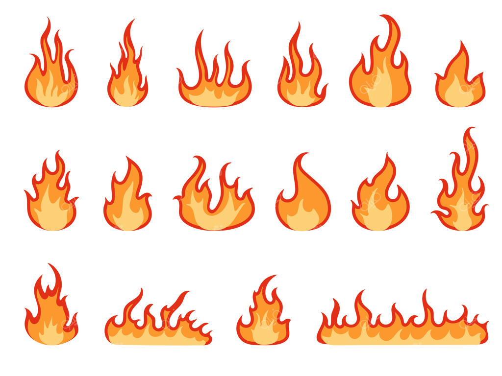 مجموعه نمادهای وکتور شعله و آتش کارتونی تخت و ایزوله؛ المان‌های انتزاعی و تزیینی لوگو با موضوع گرما و آتش‌سوزی جنگل
