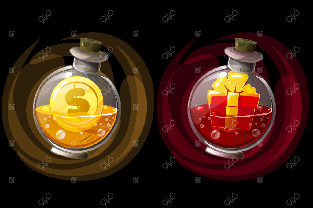 مجموعه‌ای از بطری‌های معجون با هدیه و سکه