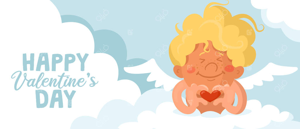 کیوپید خنده‌دار و بامزه با انگشتانش علامت قلب ساخته است. کارت یا بنر روز ولنتاین