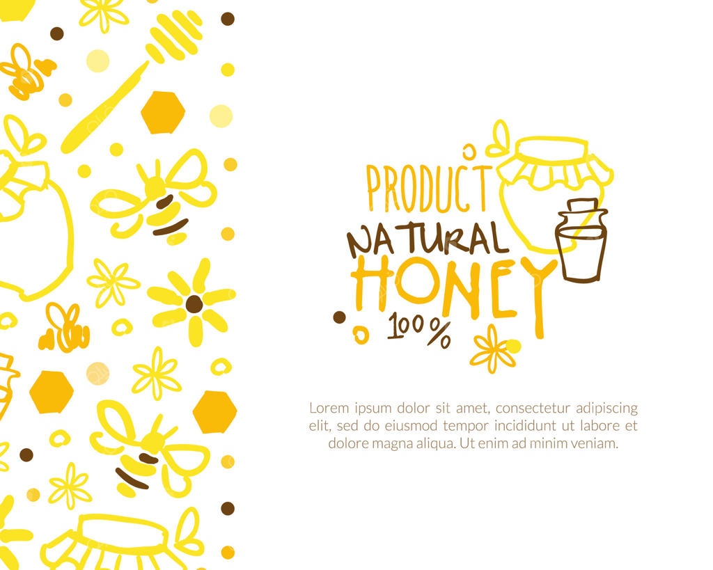 قالب بنر محصولات طبیعی عسل با فضای متن، بروشور محصولات ارگانیک زنبورداری، طراحی کارتونی پوستر و کارت