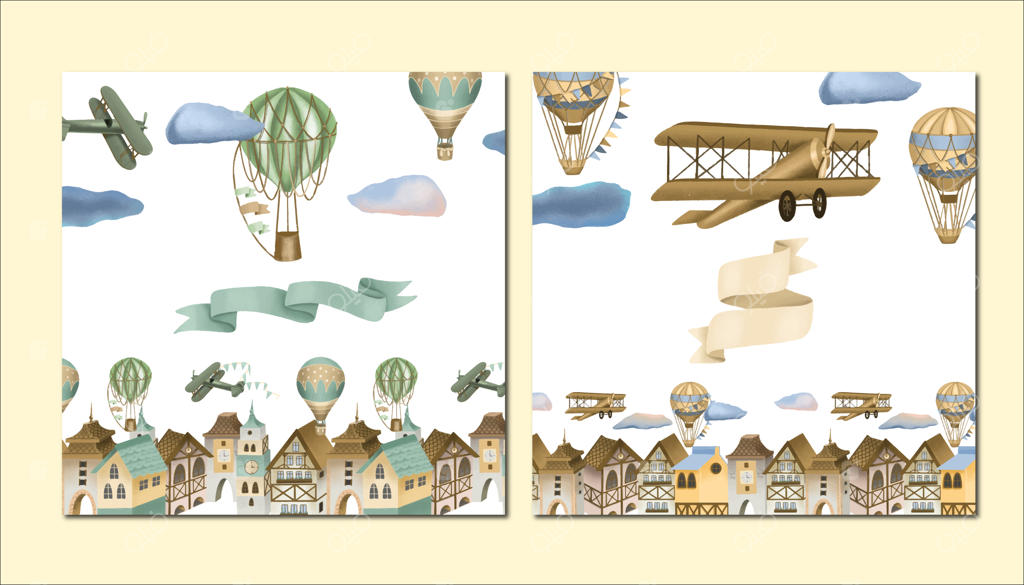 تصاویر شهر دست‌کشیده، هواپیماهای قدیمی و بالن‌های هوای گرم، مجموعه‌ای از قالب‌های کارت تبریک