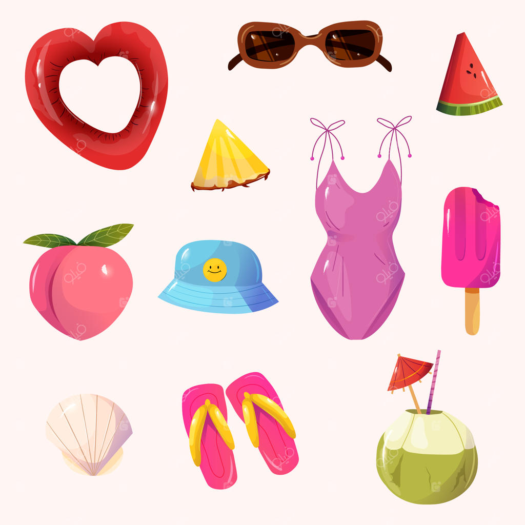 مجموعه تابستانی به سبک کارتونی: میوه‌های تابستانی، لباس‌های ساحلی، یخ و بستنی وکتوری دستی