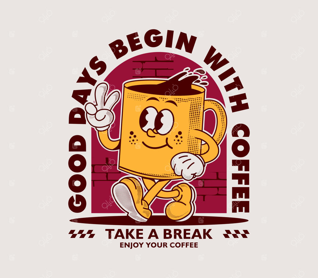 طراحی شخصیت کارتونی فنجان قهوه برای چاپ روی تی‌شرت
