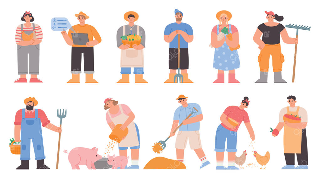 کشاورزان کارتونی: کارگران کشاورزی با سبزیجات و ابزار کشاورزی، تغذیه خوک و مرغ‌ها، خشک‌کردن یونجه. مجموعه شخصیت‌های باغ یا مزرعه به صورت وکتور