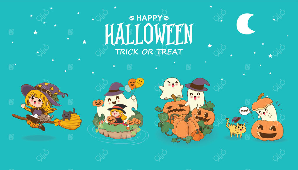 طراحی پوستر هالووین با سبک قدیمی و شخصیت‌های وکتور جادوگر، روح و کدو تنبل.