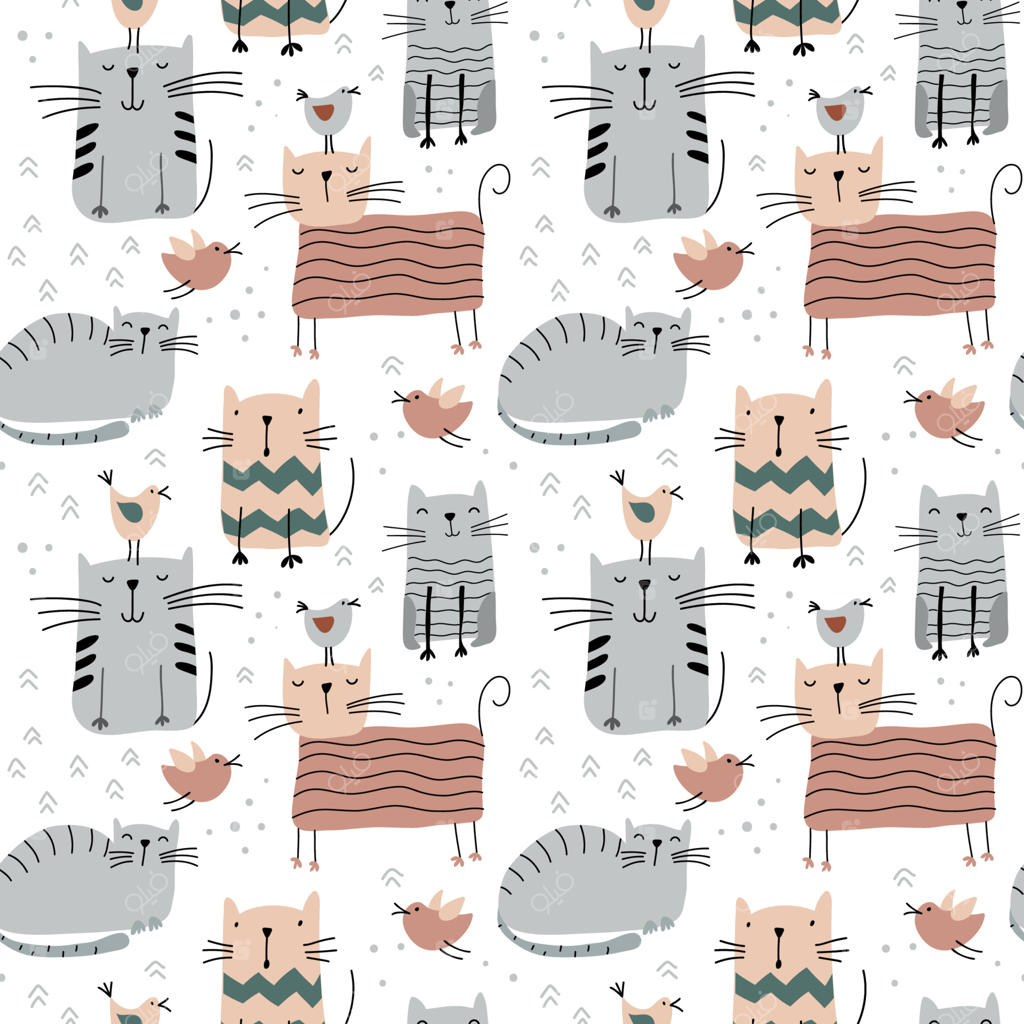 پترن نوزادی یکپارچه با گربه‌ها و پرنده‌های بامزه روی پس‌زمینه سفید اسکاندیناوی. مناسب برای پارچه، لباس کودک، پس‌زمینه و کاغذ دیواری.