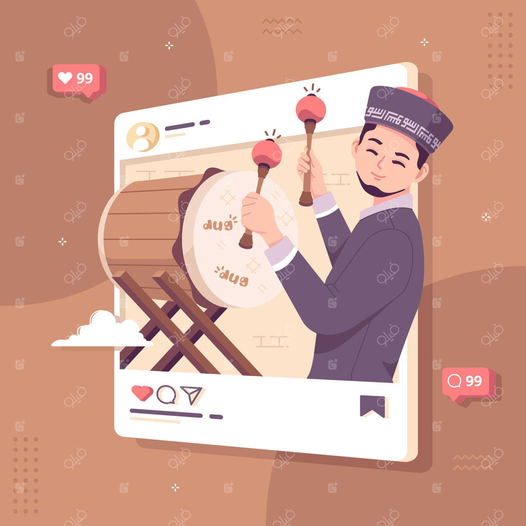 پسری اسلامی در حال نواختن دف برای شبکه‌های اجتماعی