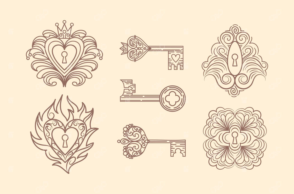 مجموعه وینتج قفل و سوراخ کلید به سبک گوتیک، همراه با تزئینات ظریف مشبک، قلب تاج‌دار و نقوش گل و گیاه. المان‌های جادویی، فانتزی و بوهو؛ مناسب برای هالووین، ولنتاین و تم‌های جادوگری. کاربردی برای طراحی لوگو و استیکر.