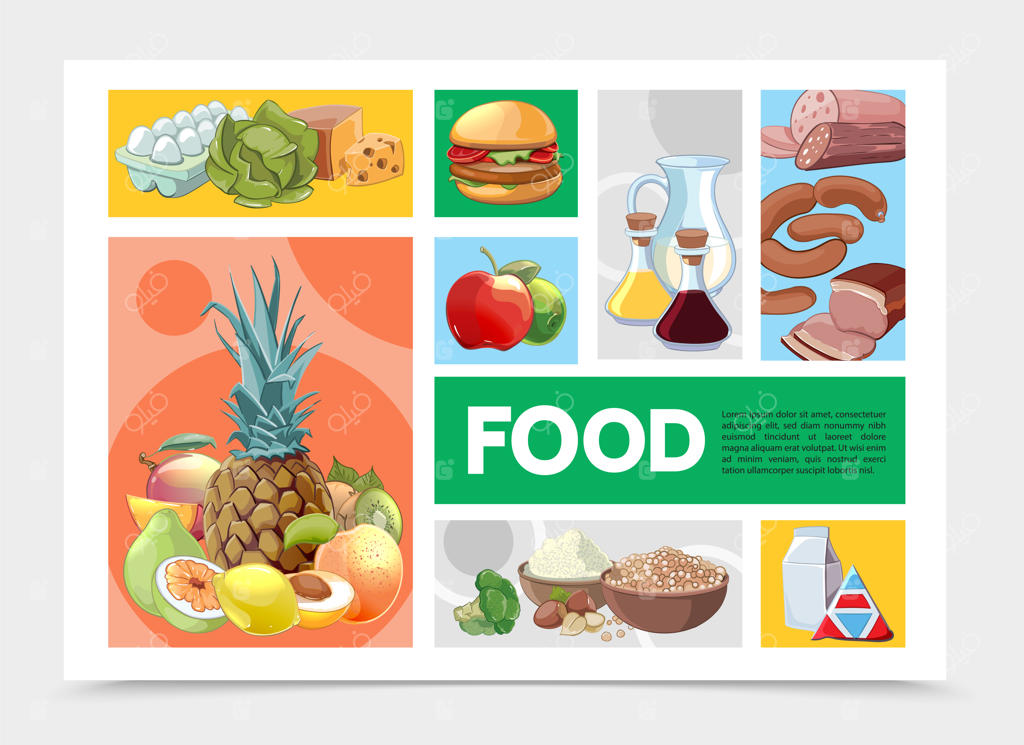 پترن اینفوگرافیک غذایی رنگارنگ و کارتونی