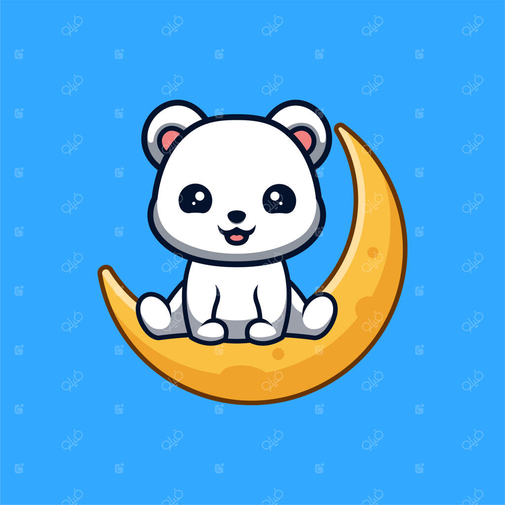 خرس قطبی بامزه و خلاق به شکل لوگو کارتونی نشسته روی ماه