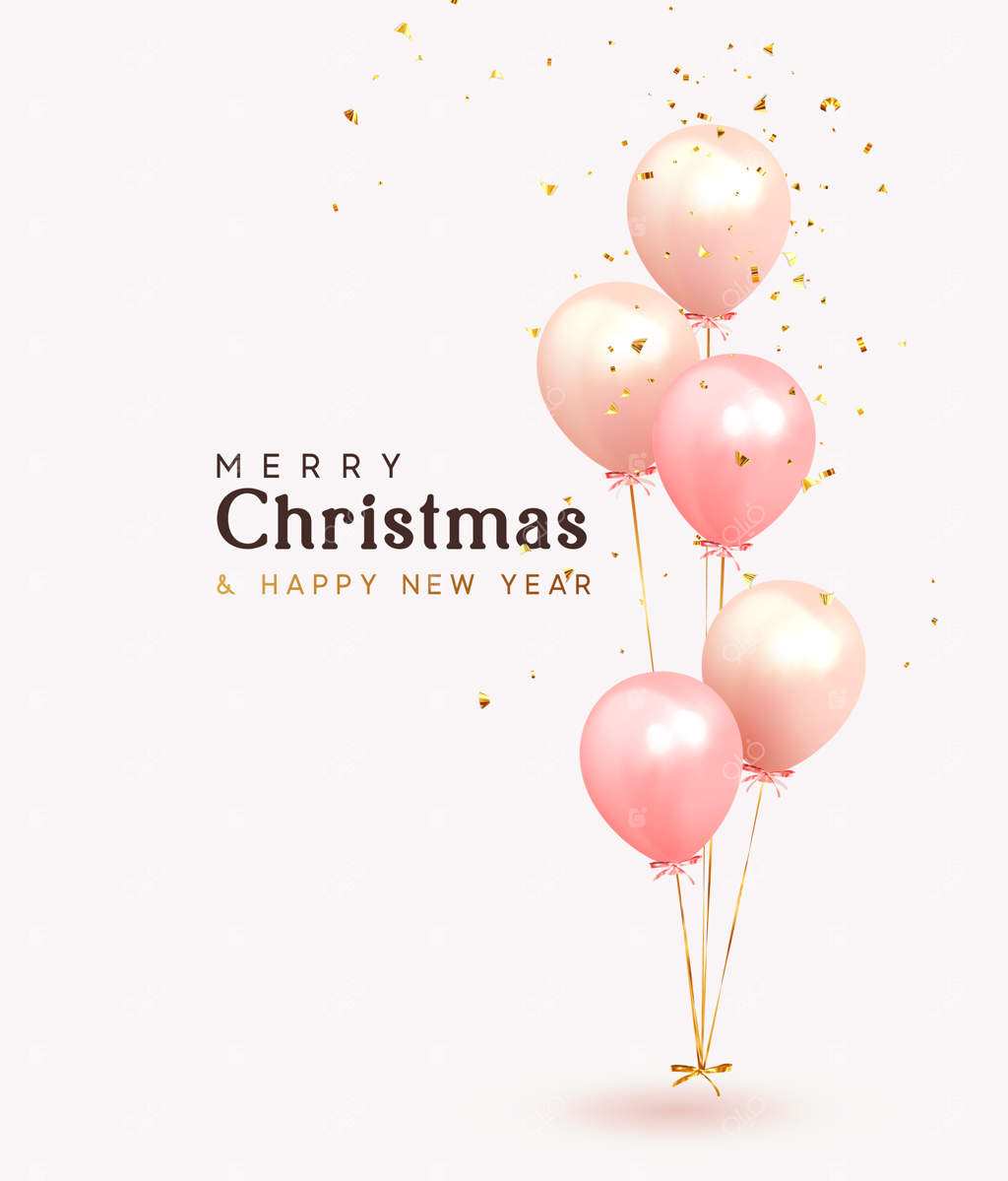 پس‌زمینه کریسمس: زمینه‌ای شاد با بادکنک‌های هلیومی. پوستر جشن، بنر سالگرد شادی. عناصر تزئینی واقعی. بادکنک سه‌بعدی واقعی با روبان در رنگ‌های صورتی و مرجانی