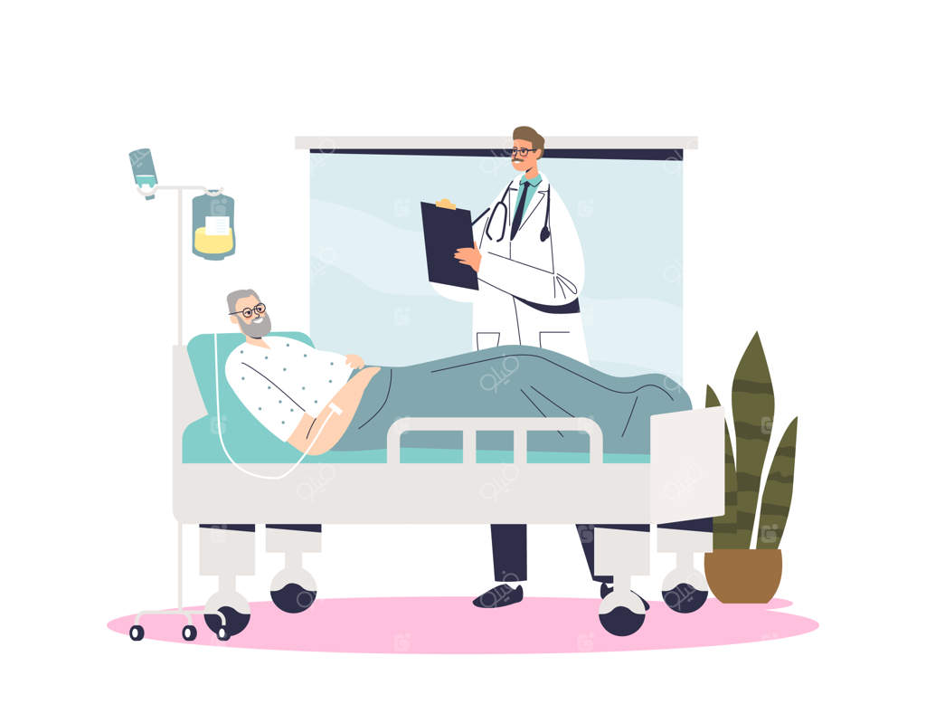 ویزیت پزشک مرد برای بیمار سالمند بستری در بیمارستان  
ملاقات دکتر با بیمار مسن در حال بستری شدن