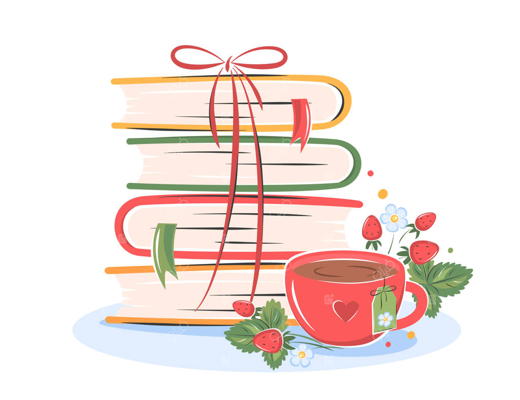 کتاب‌ها با طرح گل و توت‌فرنگی برای کارت تبریک تابستانی کتابخانه یا کتاب‌فروشی