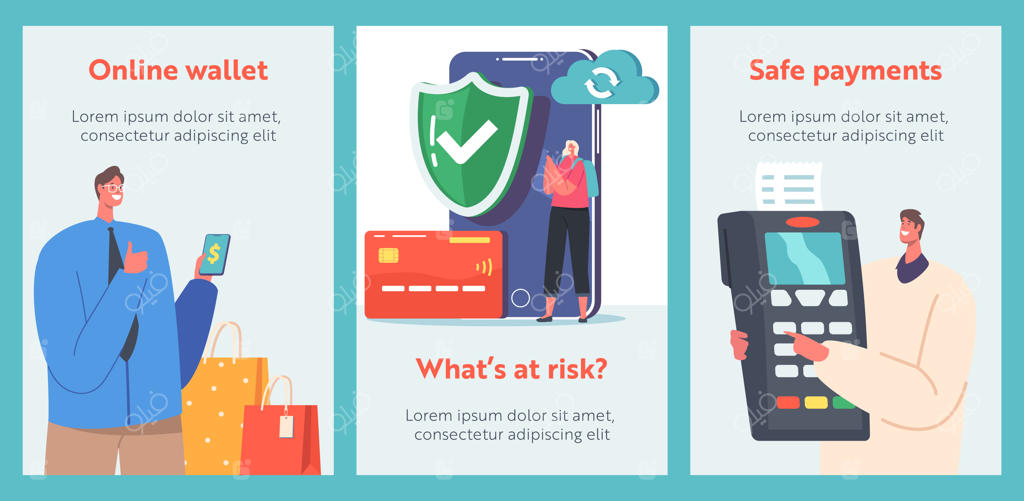 شخصیت‌ها از پرداخت غیرتماسی امن استفاده می‌کنند: بنرهای کارتونی جایی که خریداران با گوشی هوشمند کارت‌های اعتباری را برای پرداخت استفاده می‌کنند.