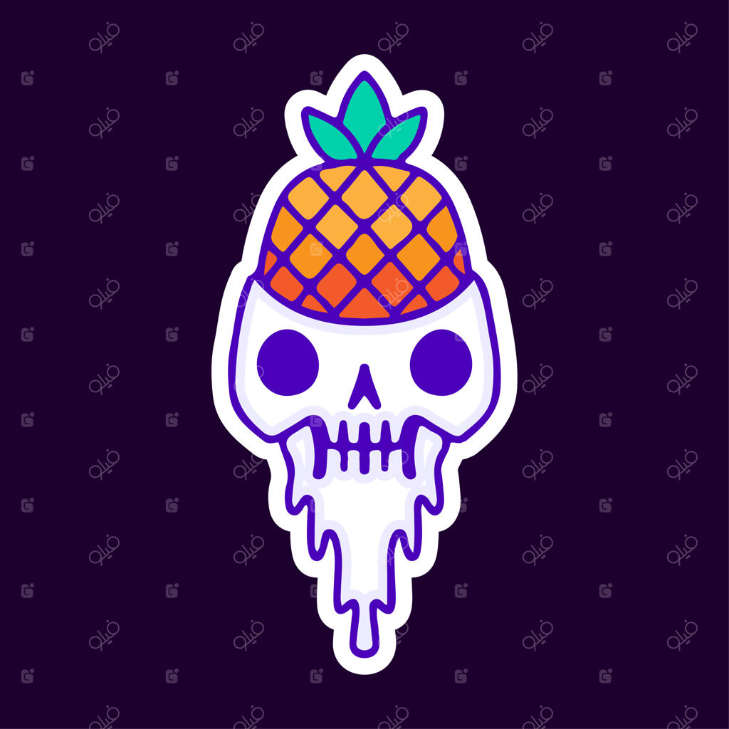 کارتون جمجمه در حال ذوب با آناناس داخل آن، تصویرسازی برای تی‌شرت و برچسب.