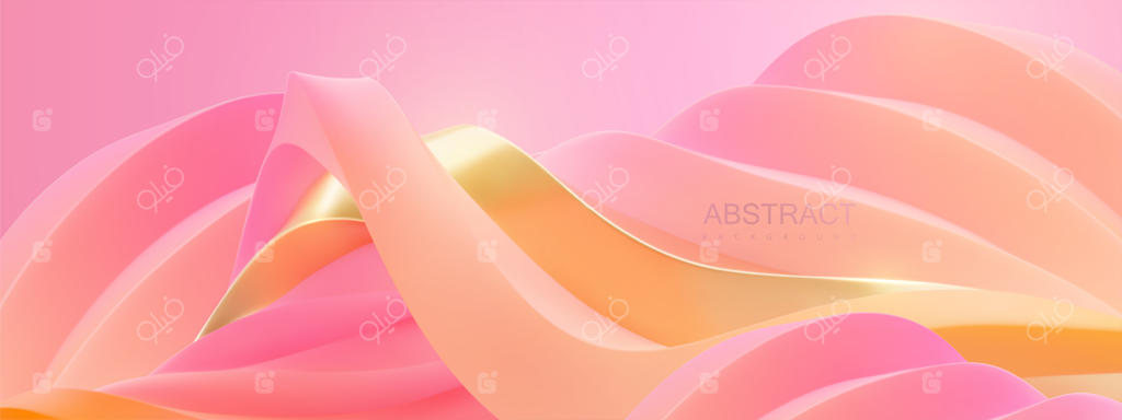 پس‌زمینه‌ای شیک و انتزاعی با چشم‌اندازی خیالی و منحنی از موج‌های صورتی و طلایی