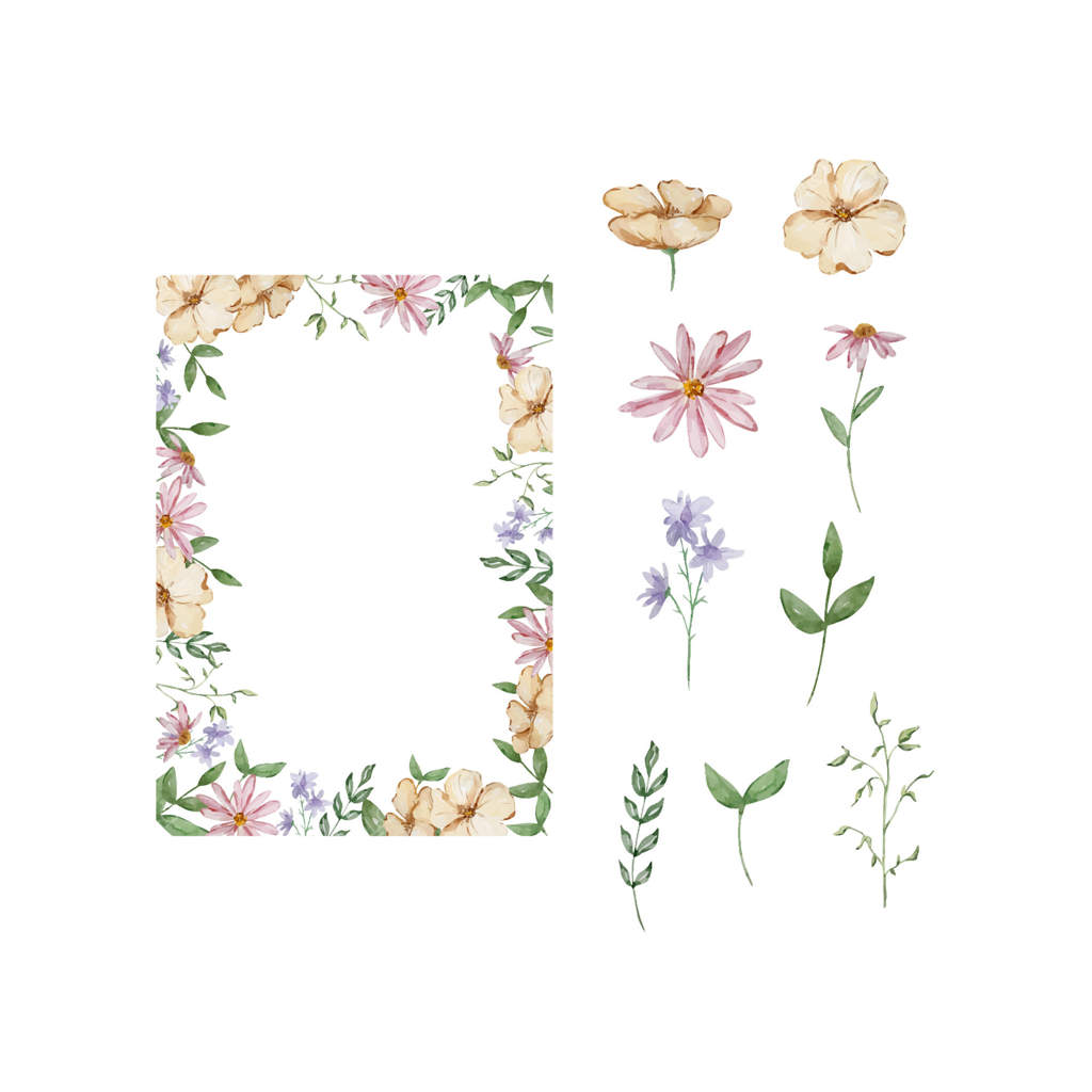 قاب نقاشی با گل‌ها و برگ‌های آبرنگی باغچه‌ای