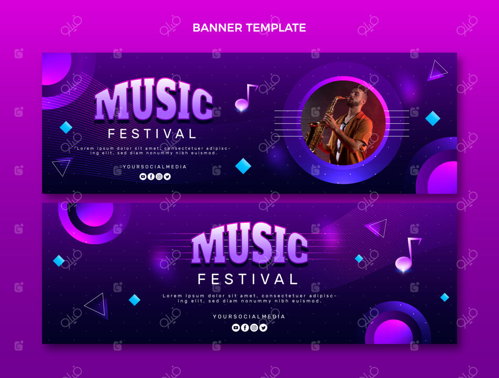 بنرهای افقی جشنواره موسیقی با رنگ‌های گرادینت زیبا