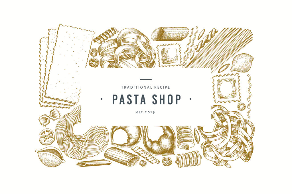 پترن طراحی ماکارونی ایتالیایی - تصویرسازی غذا با دست و سبک حکاکی شده.