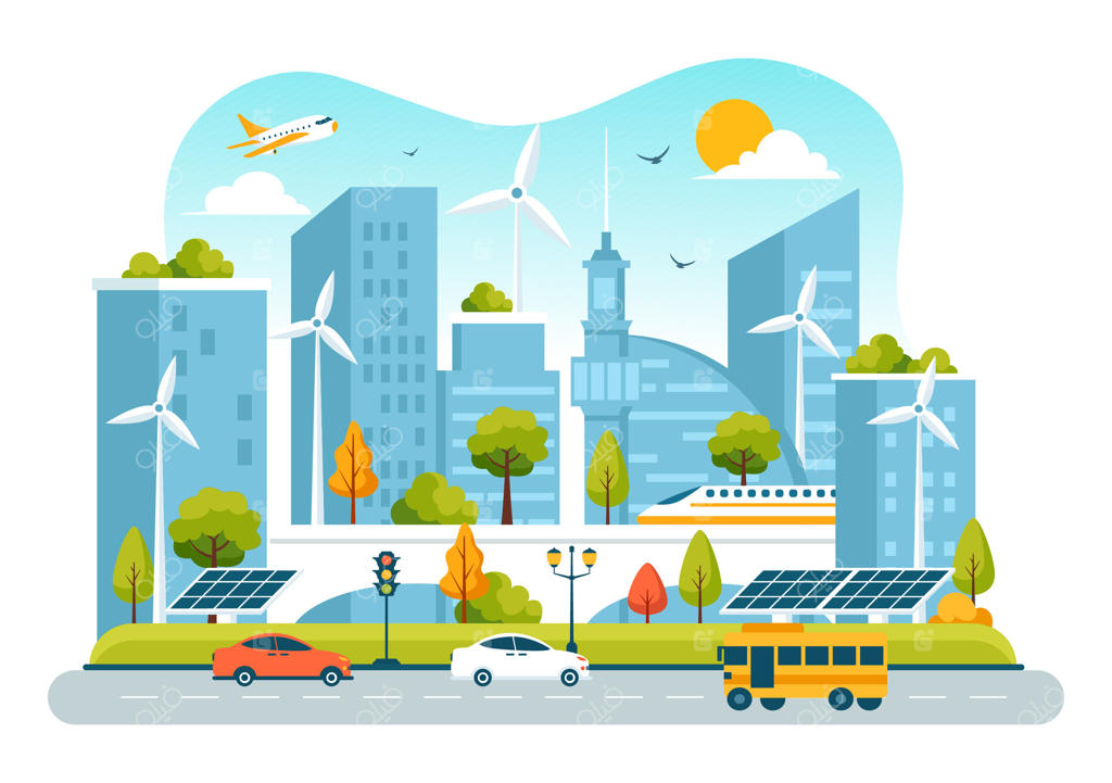 تصویرسازی زیرساخت‌های انرژی سبز با پانل‌های خورشیدی و توربین‌های بادی در محیط‌های شهری