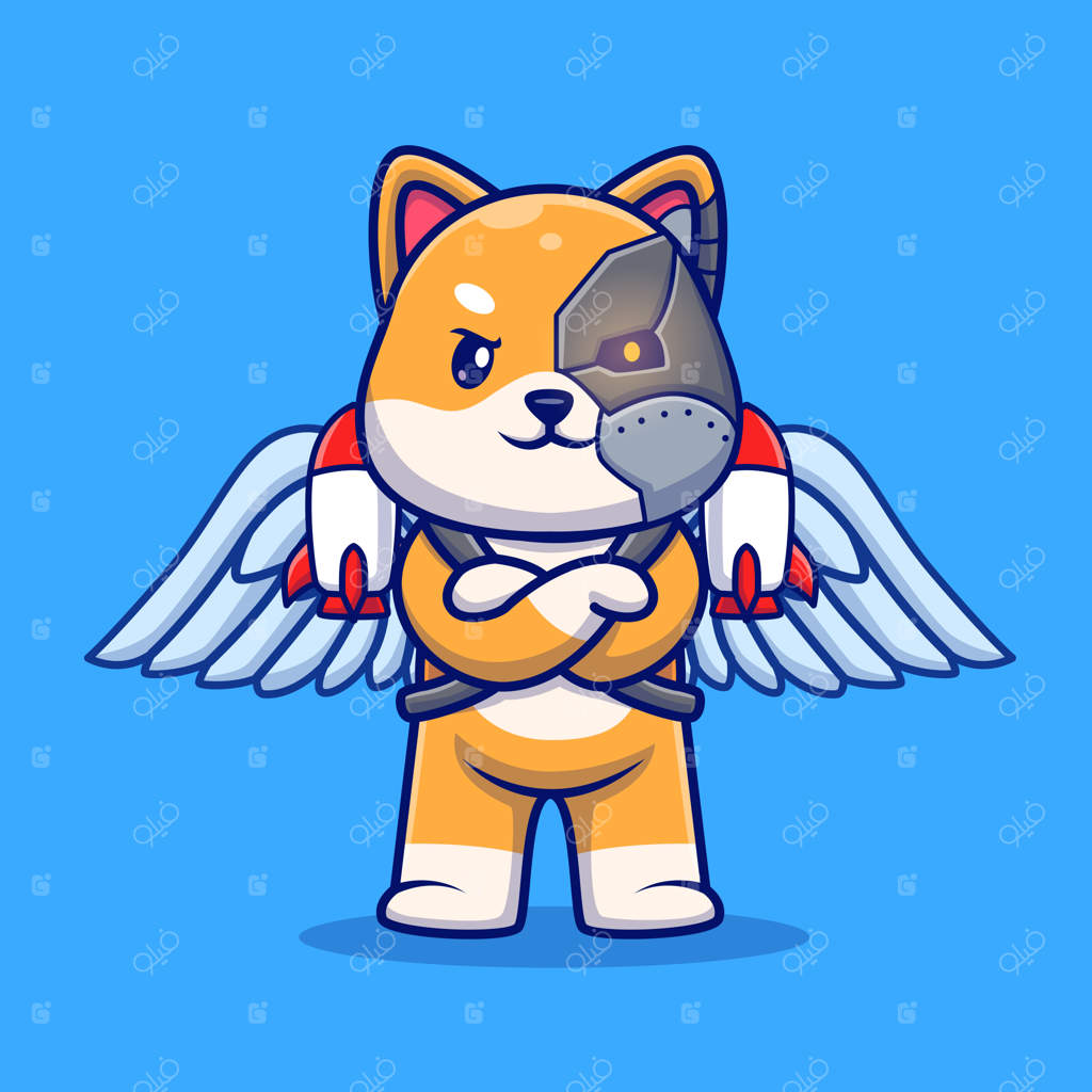 تصویر کارتونی آیکون ربات سایبورگ شیبا اینو بامزه با بال و موشک - ترکیب حیوان و فناوری