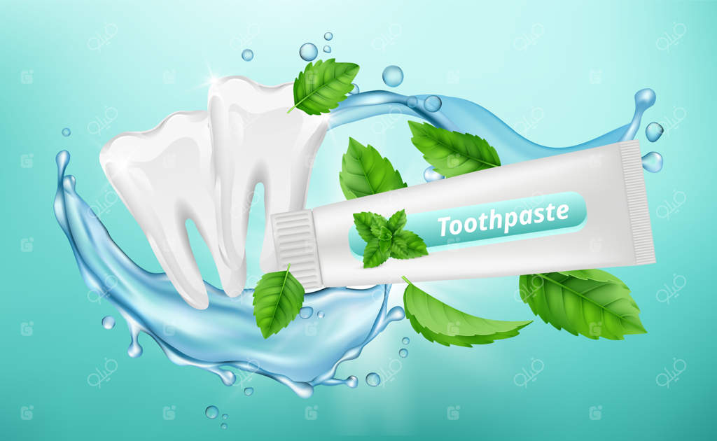 زمینه خمیردندان: پوستر دندانپزشکی با خمیردندان گیاهی نعناع و بنری از دندان‌های سفید و پاکیزه