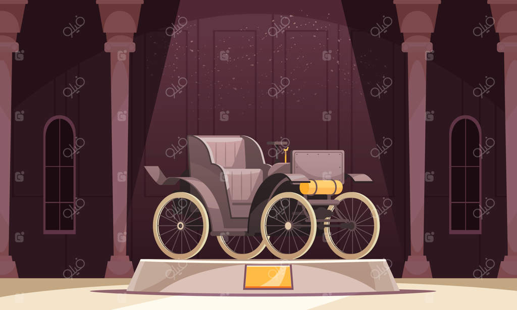 ترکیب حمل و نقل قدیمی با ستون‌های موزه و خودروی کلاسیک بر روی سکویی با تابلوی طلایی