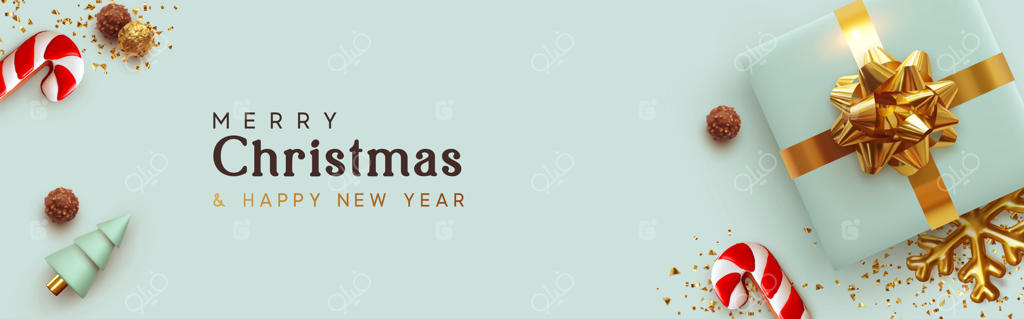 بنر کریسمس: طراحی پس‌زمینه با جعبه‌های هدیه آبی، آب‌نبات عصایی، درخت سه‌بعدی مخروطی و اکلیل‌های طلایی. پوستر افقی کریسمس و کارت تبریک برای وب‌سایت