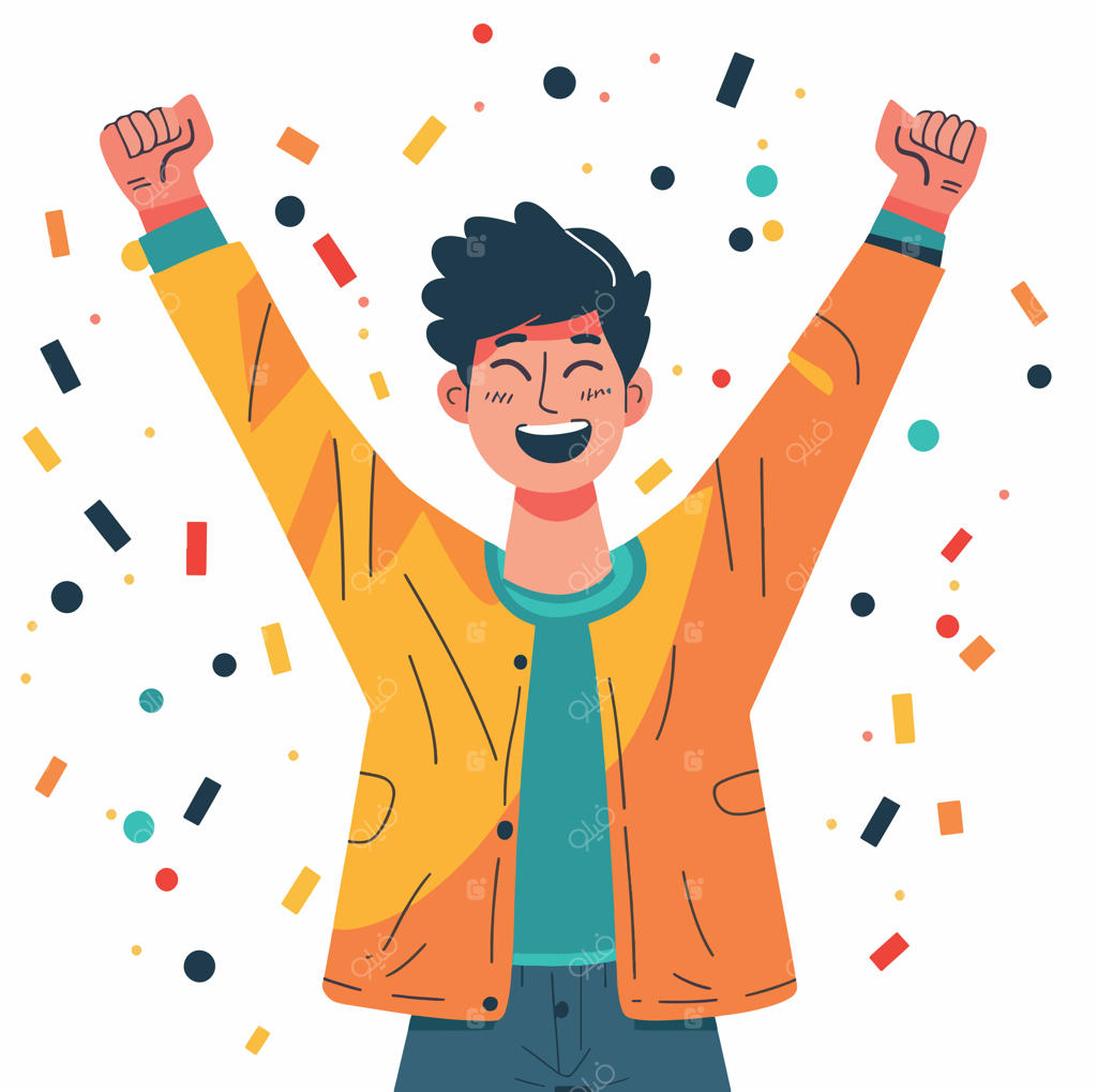تصویرسازی وکتور فلت مرد خوشحال در حال جشن گرفتن و هورا کشیدن با دستان بالا