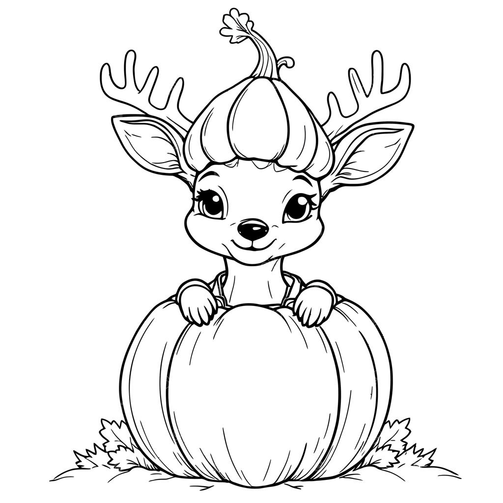 آهوی کوچولوی بامزه با کلاه کدویی درون یک کدوی بزرگ برای یک صفحه رنگ‌آمیزی جادویی پاییزی