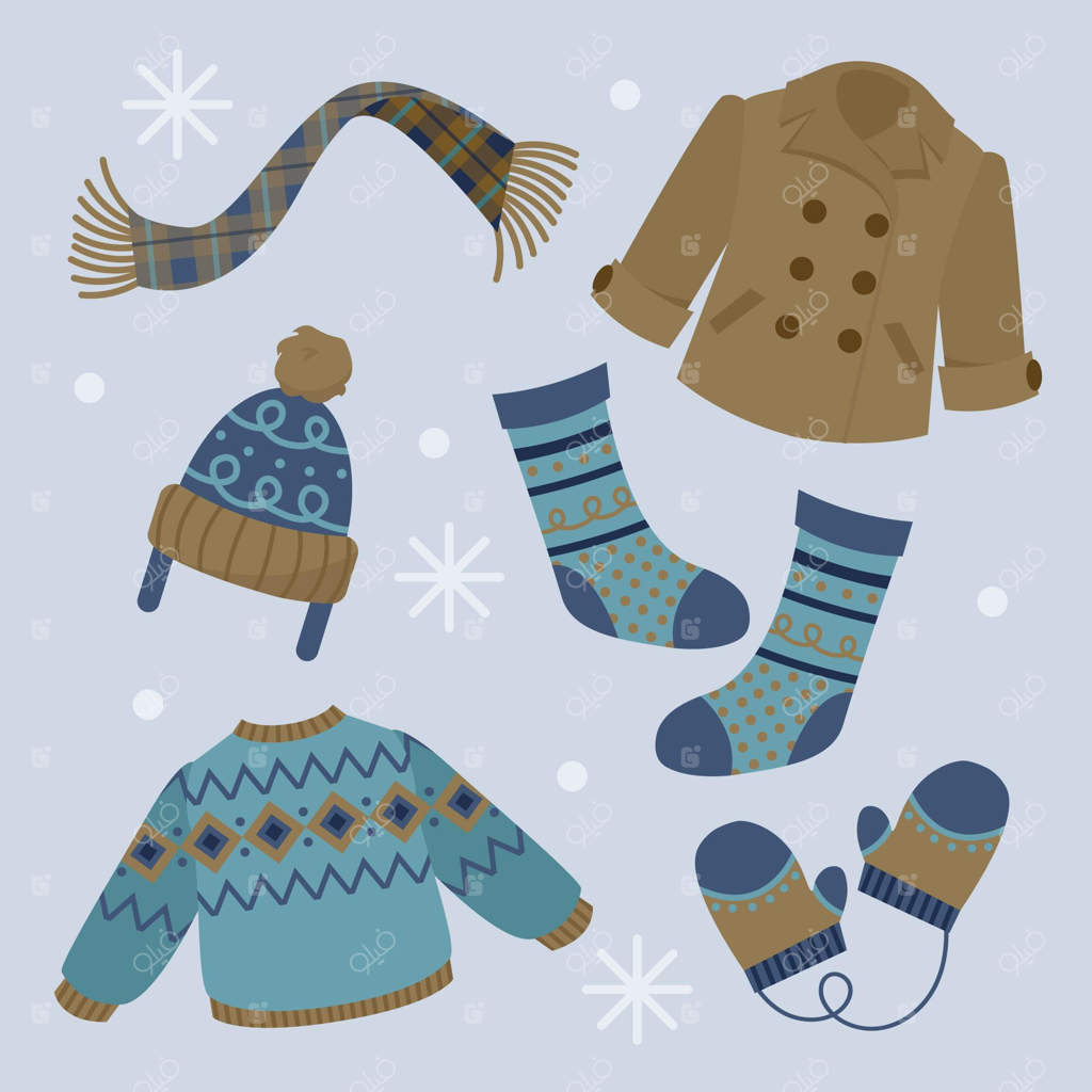 مجموعه نقاشی دستی پوشاک و لوازم ضروری زمستانی