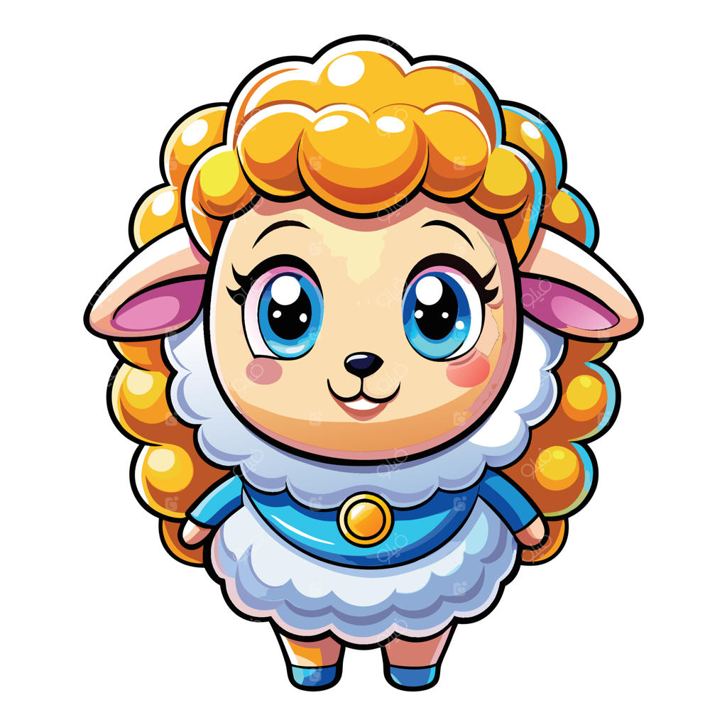 گوسفند کارتونی با چشم‌های درشت و لباس آبی