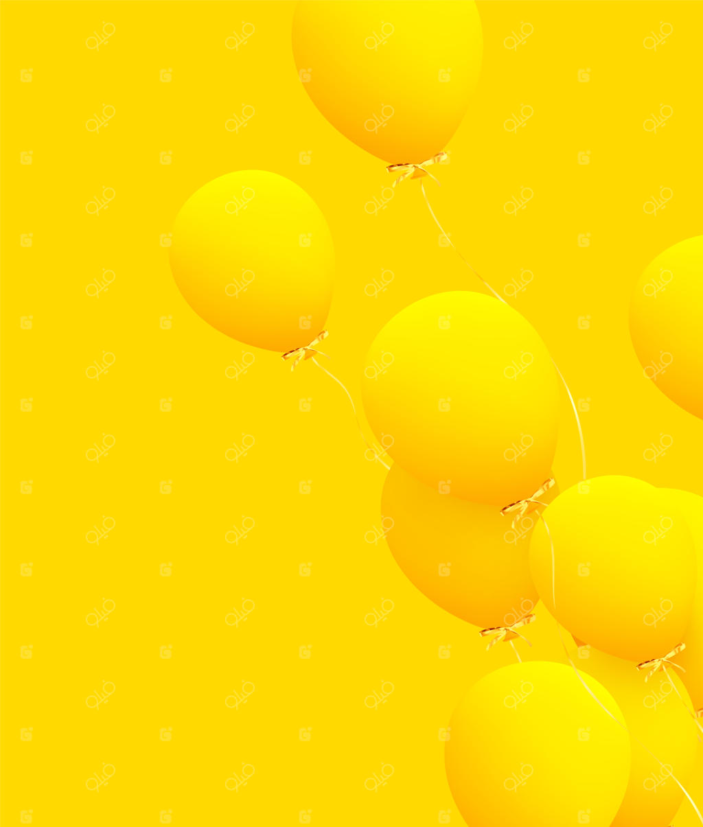 زمینه جشن با بادکنک‌های هلیومی: جشن تولد، پوستر، بنر سالگرد. عناصر طراحی دکوری واقع‌گرایانه. بادکنک سه‌بعدی وکتوری با روبان به رنگ زرد. کارت تبریک
